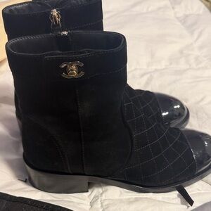 CHANEL Black Quilted Suede Ankle Boots with Patent Cap Toe